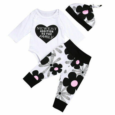 

3PCS Newborn Baby Boy Girl Long Sleeve Clothes Cotton Romper Pants Hat Outfit