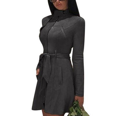 

2019 Autumn Winter Women Fashion Casual Suede Standing collar Long sleeve Zipper Slim fit Windbreaker Coat