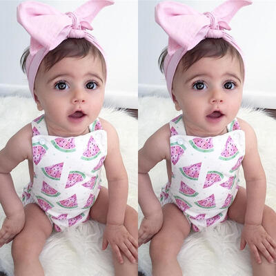 

Adorable Baby Girls Watermelon Romper Bodysuit Headband Summer Clothes Sunsuit