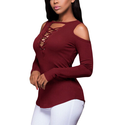 

Womens Cold Shoulder Casual Long Sleeve Lace-Up Stretchy Shirt Blouse Tops