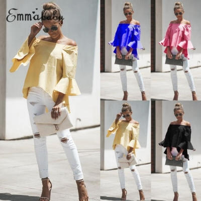 

Fashion Women Off Shoulder Long Sleeve Summer Casual T-Shirt Tops Loose Blouse