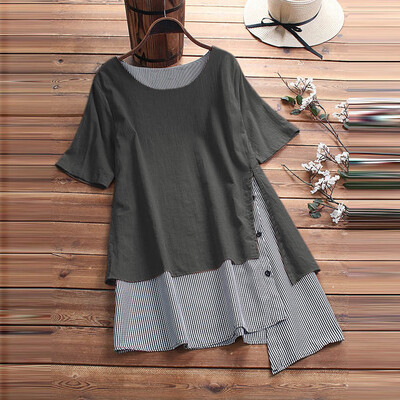 

Starmoon Womens Casual Button Splice Linen Blouse Short Sleeve Shirt Lattice Loose Tops