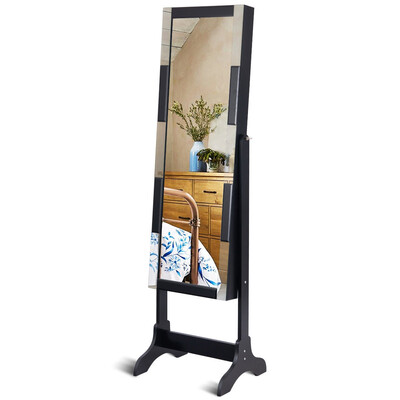 

Standing Armoire Storage Mirrored Jewelry Cabinet w LED Lights -Black