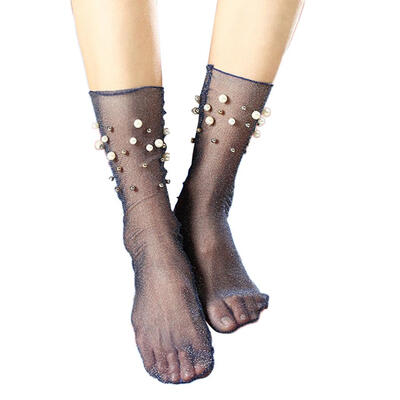 

Sexy Women Faux Pearl Glitter Transparent Ultra Thin Elastic Middle Tube Socks