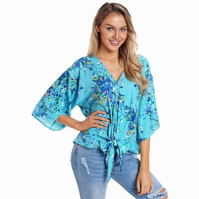 

V-neck cropped sleeve floral print knotted bohemian top