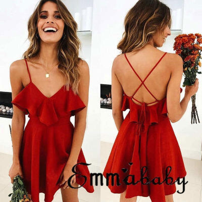 

Women Summer Backless Short Red Evening Cocktail Party Beach Dresses Sundress