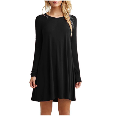 

Tailored Women Casual Solid Long Sleeve Round Neck Loose Dress Ruffle Mini Dress