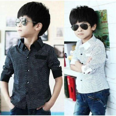 

Fashion Kids Cute Cool Boys Formal Shirt Plain Long Sleeved Polka Dot Lapel Party Shirt