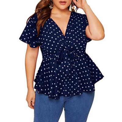 

Starmoon Womens Plus Size V Neck Short Sleeve Shirt Top Polka Dot Knot Front Blouse