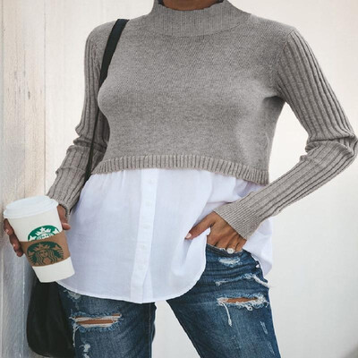 

Slim Mock Neck Solid Splice Buttons Ribbed Sleeve Knit Jumper