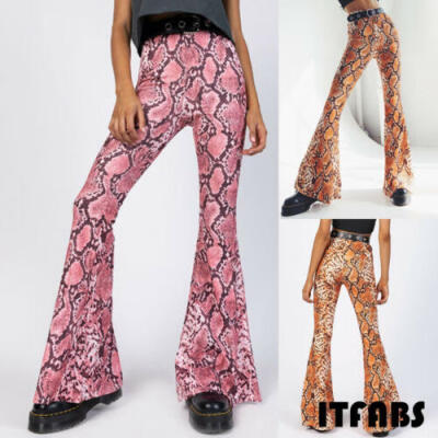 

Womens Sexy Flare Snakeskin Bell Bottom Stretch High Waist Pants Trousers UK