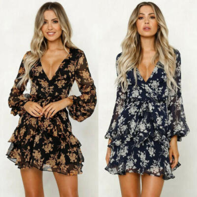 

Womens Boho Floral Chiffon Summer Party Evening Beach Short Mini Dress Sundress