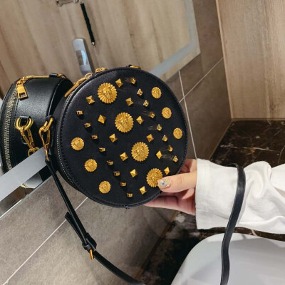 

Tailored Womens Fashion Rivet Pure-Colour Cover Retro Shoulder Bag Circular Bag