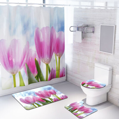 

〖Follure〗4PCS Non Slip Toilet Polyester Cover Mat Set Bathroom Shower Curtain