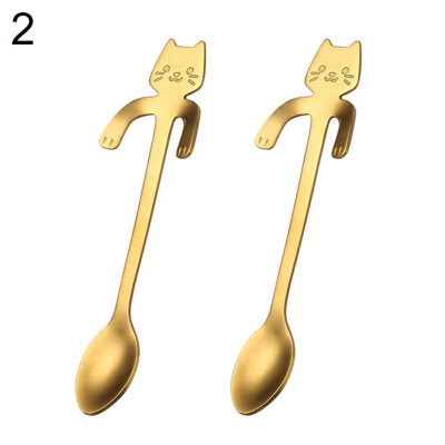 

2Pcs Stainless Steel Spoon Cartoon Cat Long Handle Lovely Dessert Soup Flatware