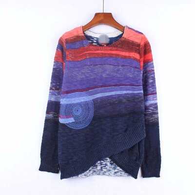 

2018 NEW DESIGUES IRREGULAR STRIPED FLORAL PRINT LONG-SLEEVE SWEATER