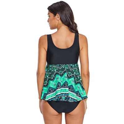 

Women Swim Top Vintage Print Sleeveless Skirted Flared Tankini Bathing Swimwear