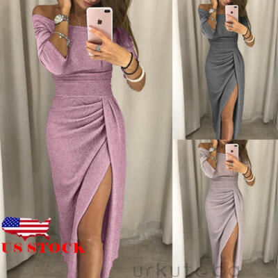 

US Women Sexy Off Shoulder Long Sleeve Bodycon Evening Cocktail Party Long Dress