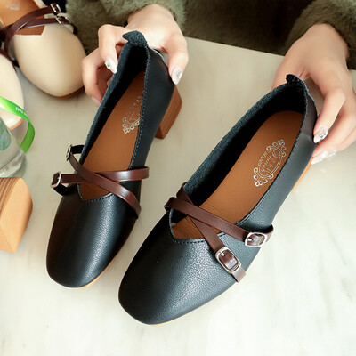

Rough-heeled single-shoe woman middle-heeled shallow-mouthed Korean version square-headed soft-leather soft-soled grandmothe