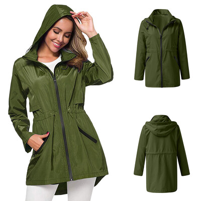 

Roseonmyhand Women Solid Rain Jacket Outdoor Plus Size Waterproof Hooded Windproof Loose Coat