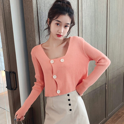 

Solid Color Women Button knitted Tshirt Autumn Ladies Long Sleeve Solid Color Harajuku Top Clothes Streetwear