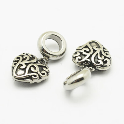 

304 Stainless Steel European Dangle Pendants Heart Large Hole Pendants Antique Silver 22mm Hole 5mm