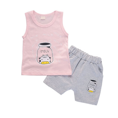 

Baby Kids Boys Girls Fashion Casual Clothing Sets Summer Cotton Cartoon Sleeveless Tops Shorts Pants