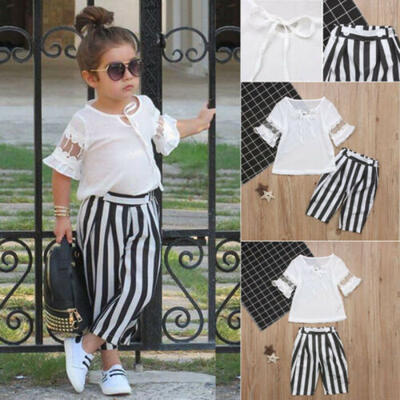 

2Pcs Fashion Cute Kids Baby Girl Lace Tops Shirt Striped Pant Outfits Clothes US
