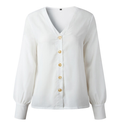 

Fashion V-Neck Button Women Shirt Office Lady Casual Autumn Long Sleeve Solid Top Shirts