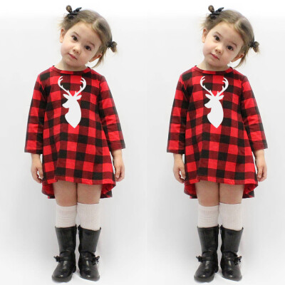 

Toddler Infant Kids Baby Girl Christmas Plaid Deer Princess Dress Clothes Outfit