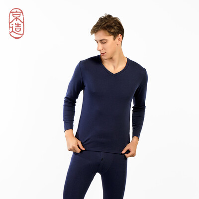 

JZAO mens thermal underwear wool thickening autumn clothes long pants warm set navy blue V-neck XL code