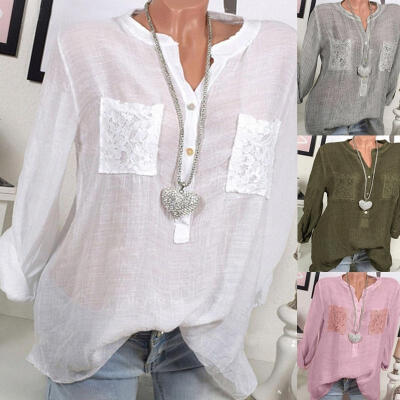 

Women Lady Casual Loose Cotton Linen Shirt Tops Long Sleeve Soft Blouses Shirts