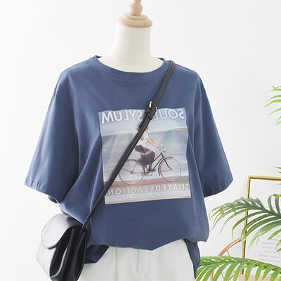 

Womens Round Neck Character & Landscape Print Short Sleeve Pullover Loose T-Shirt