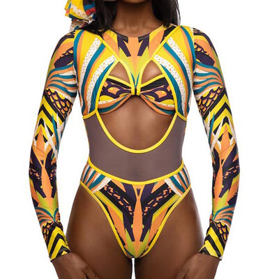 

Roseonmyhand Womens Digital Totem Print Sexy Mesh One-piece Swimsuit Bikini