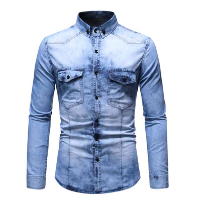 

Tailored Men Casual Contrast Color Panel Button Down Denim Shirt With Pockets Top Blouse