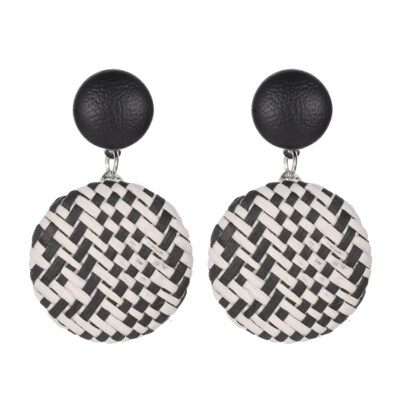 

Boho Women Geometric Round Button Woven Straw Dangle Stud Earrings Jewelry