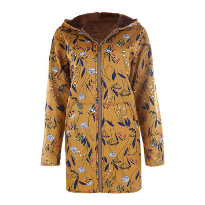 

Winter Jackets Cotton Women Warm Floral Print Pockets Vintage Hooded Coats