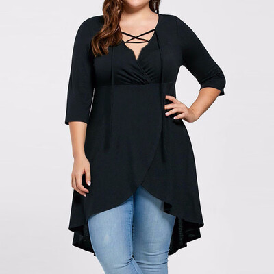 

Tailored Plus Size Lady Womens Top Three Quarter Sleeve Shirt High Low Hem Tops Blouse