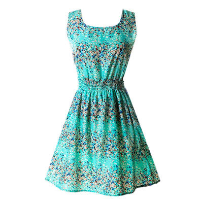 

Women Chiffon Sleeveless Floral Print High Elastic Waist A-Line Mini Dress