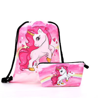 

Cartoon Rainbow Unicorn Bag Set Women Girl Glitter Drawstring Backpack Handbag