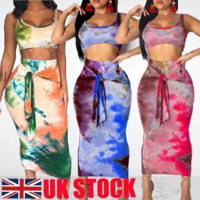 

UK Womens 2 Piece Bodycon Two Piece Crop Tops&Skirt Set Lace Up Dress Party