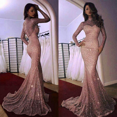 

〖Follure〗Sexy Womens Long Sleeve O-Neck Sequined Mermaid Bodycon Cocktail Prom Gown Dress