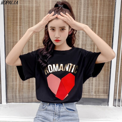 

Womens Heart Print Bronzing Letters Short Sleeve T-Shirt O-Neck Sweet Pullover Tops