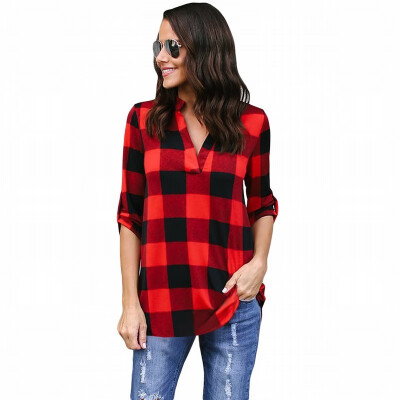 

Plaid Shirt Womens Long Sleeve Winter V-neck Wild Shirt Women