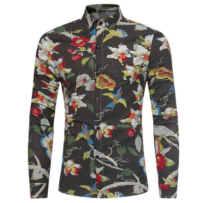

3D Florals Birds Print Cotton Linen Shirt