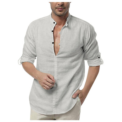 

Toponeto Mens Loose Cotton Blend Solid Color Button Long Sleeve Shirts Tops Blouse