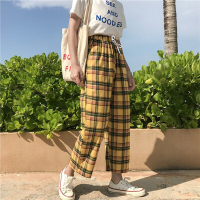 

Summer Casual Loose Style Plaid Pattern Pants Ladies Wide Leg Pants Fashion High Waist Trousers