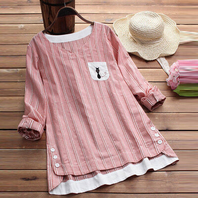 

Womens Tops Striped Embroidered Cat Pullover Long Sleeve Loose Home Wear Tops
