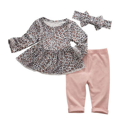 

Toddler Baby Girls Christmas Leopard Outfits Long Sleeve Skirt TopsPantsHeadband 3PCS Newborn Clothing Set