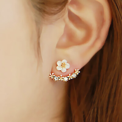 

E774 Korean Jewelry Zircon Heart Crystal Flower Stud Earrings For Women Fashion Double Sides Gold Silver Color Statement Jewelry